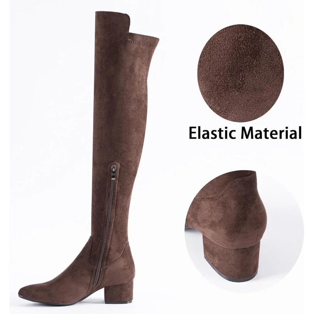 Women Coffee/2 Inch Heel Faux Suede Over The Knee Thigh High Low Block Heel Boot